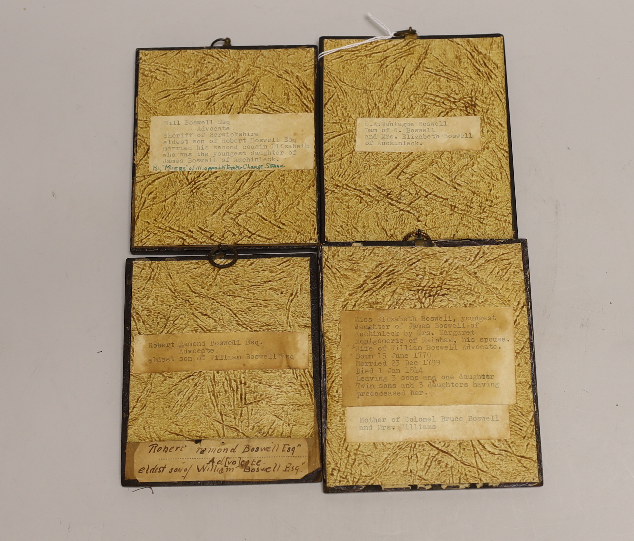 Four framed 19th century silhouettes, Boswell family, largest 14cm high x 12cm wide